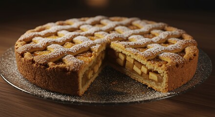 Delicious freshly baked apple pie with lattice crust and sugar topping