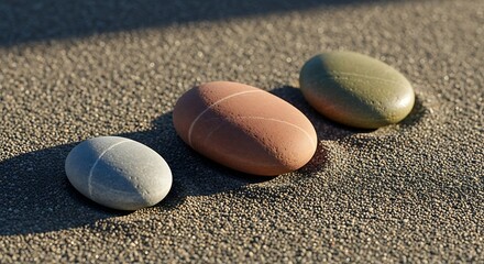 Zen rocks on sand beach creating relaxing and peaceful nature scene