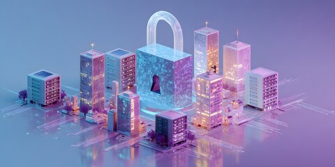 Cybersecurity in Smart Cities Urban Security in a Digital World 3D Rendered Cityscape with Data Protection Lock concept for Technology driven infrastructure protection and secure digital 