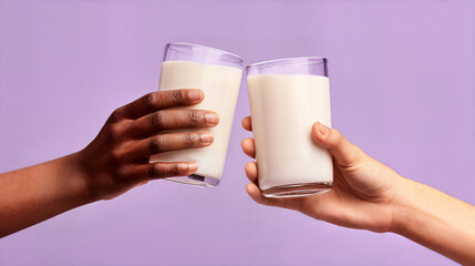 Toasting with milk glasses against purple