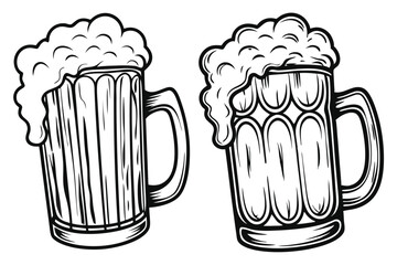 Two black and white beer mugs overflow with frothy foam in this crisp sketch