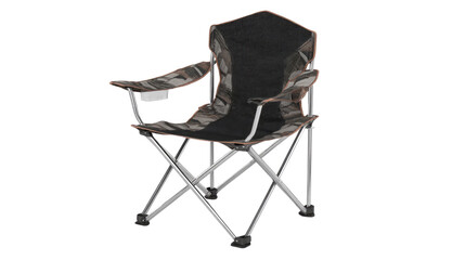 Foldable outdoor camping chair featuring a camouflage fabric seat, mesh back, robust silver frame, and convenient cup holder for relaxation. background removed