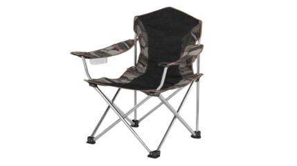 Foldable outdoor camping chair featuring a camouflage fabric seat, mesh back, robust silver frame, and convenient cup holder for relaxation. background removed