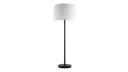 A sleek modern floor lamp with a white fabric cylindrical shade, dark slender pole, and round base, emitting soft light. background removed