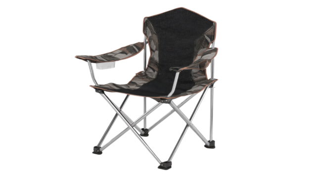 Foldable outdoor camping chair featuring a camouflage fabric seat, mesh back, robust silver frame, and convenient cup holder for relaxation. background removed