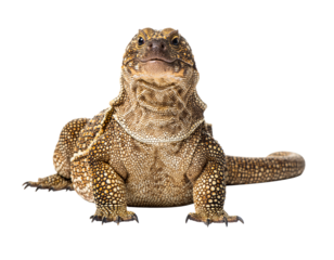 Brown spinytailed lizard looking at camera, isolated on transparent background