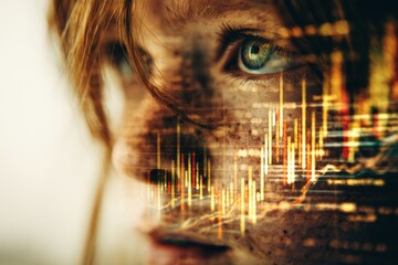 Artistic representation of a girl's face blended with abstract data visuals, warm golden lighting, balanced composition, conveying a sense of wonder and innovation