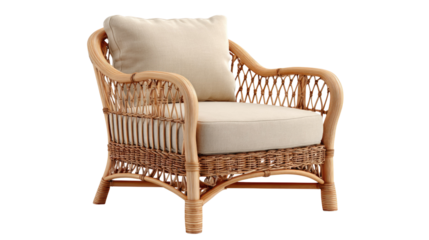 A stylish natural wicker rattan armchair with comfortable cream cushions on a transparent background, perfect for bohemian or coastal decor. background removed
