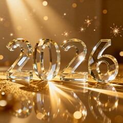 Luxury Transparent Glass or Diamond 3D "2026" Text on Golden Glitter Background
