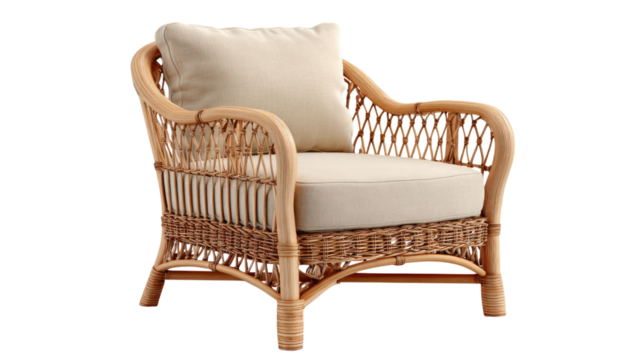 A stylish natural wicker rattan armchair with comfortable cream cushions on a transparent background, perfect for bohemian or coastal decor. background removed