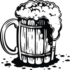 Overflowing beer mug with handle shows black beer and dripping foam outlines