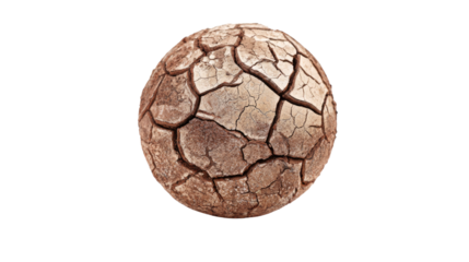 An isolated sphere of severely cracked, dry soil on a transparent background, depicting drought conditions and the impact of climate change. background removed