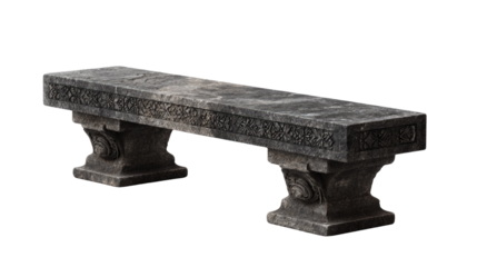 A weathered, ornate dark stone bench with intricate carved patterns and classical details, presented on a transparent background for versatile use. background removed