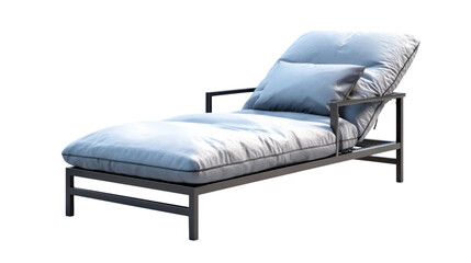 A modern outdoor chaise lounge with a dark metal frame and light blue cushions, featuring a plush pillow, isolated on a transparent background. background removed