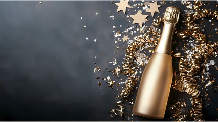 Celebration background with golden champagne bottle, confetti stars and party streamers. Christmas, birthday or wedding concept. Flat lay.