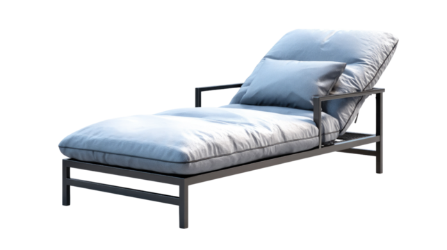 A modern outdoor chaise lounge with a dark metal frame and light blue cushions, featuring a plush pillow, isolated on a transparent background. background removed