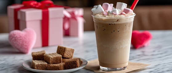 Valentines day-themed iced coffee with heart-shaped marshmallows and gingerbread cookies on a marble kitchen counter with decorative gifts