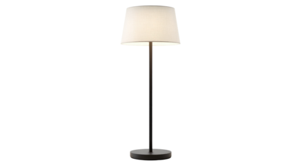 A minimalist floor lamp featuring a cream fabric drum shade casting a soft, warm glow, set against a dark background. background removed