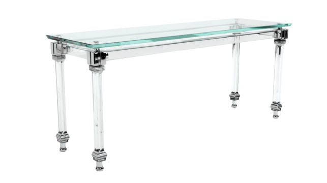 Elegant clear glass console table featuring polished chrome accents and fluted acrylic legs, ideal for modern interior design. background removed