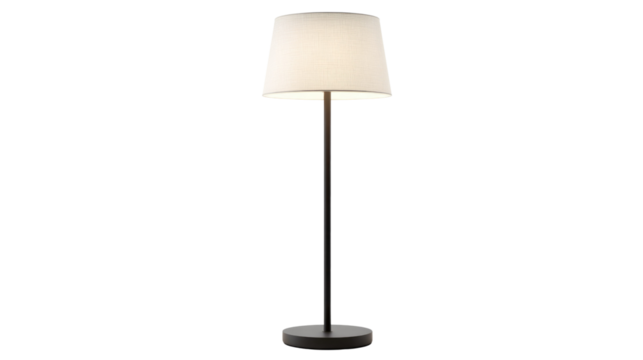 A minimalist floor lamp featuring a cream fabric drum shade casting a soft, warm glow, set against a dark background. background removed
