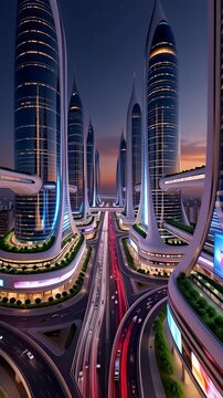 Futuristic city skyline transitioning from golden sunset to starry night with illuminated curved skyscrapers and flowing highway traffic in a cinematic 3D animation, illustrating smart metropolis