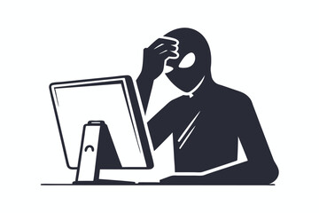 Silhouette of a stressed person with hand on head sitting before a monitor