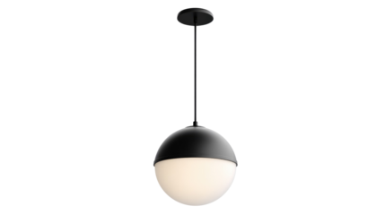 A sleek modern spherical pendant light with a matte black top and an illuminated white opal globe suspended against a dark background. background removed