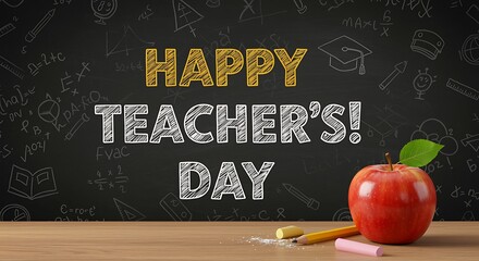 Happy Teachers Day chalkboard background with apple and school supplies