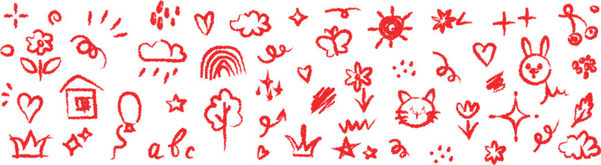 Red Hand Drawn Doodle Elements Featuring Hearts Flowers Clouds Rainbows Animals and Balloons sketch drawing