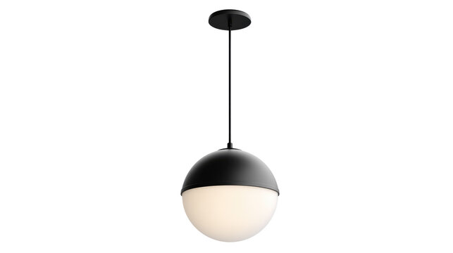 A sleek modern spherical pendant light with a matte black top and an illuminated white opal globe suspended against a dark background. background removed