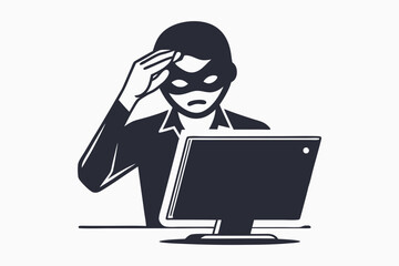 Masked hacker appears stressed while staring at computer screen in a dark silhouette
