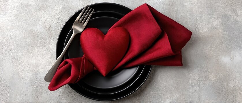 Valentines day table setting featuring a heart-shaped red napkin on a black plate with a fork, viewed from above in an elegant flat lay design - Powered by Adobe