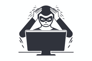 Masked man stares intensely at the computer, anxiously gripping his head with his hands