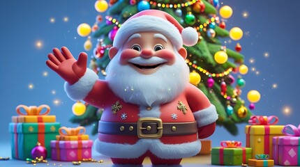 Cute, full-body 3D render of jolly Santa Claus waving with gifts and Christmas tree