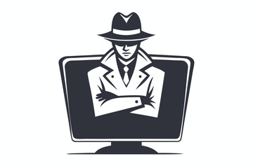 Silhouette detective stands with hands in his trench coat pockets on white backdrop