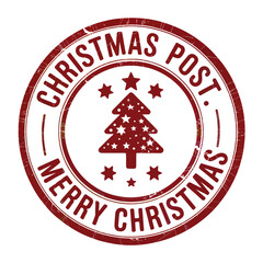 A red Christmas stamp featuring a stylized tree and stars.