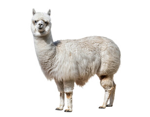 White alpaca standing and looking at the camera, isolated on transparent background