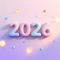 Soft Pastel 3D "2026" Text on Pink and Purple Gradient Background with Bokeh and Confetti