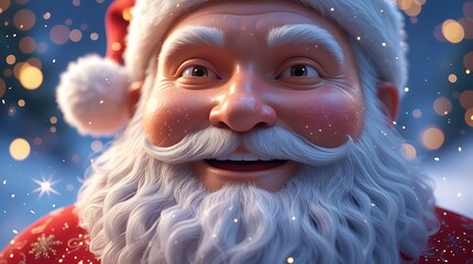Highly detailed 3D render of Santa Claus smiling with twinkle lights and snowfall