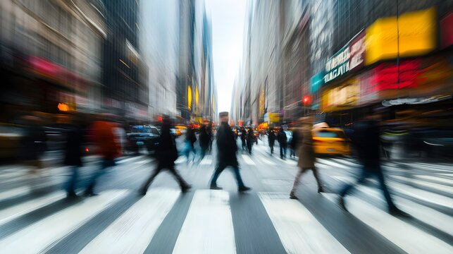 Blurred pedestrians crossing a busy city street with tall buildings