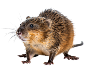 Cute brown and orange rodent with wet fur looking left, isolated on transparent background