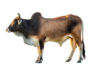Brown zebu cow standing sideways with a prominent hump, isolated on transparent background