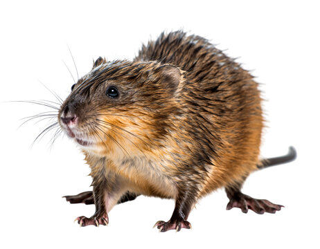 Cute brown and orange rodent with wet fur looking left, isolated on transparent background