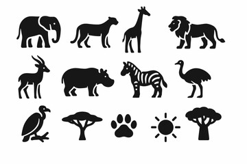 Naklejka premium Silhouette icons of african wildlife and nature symbols