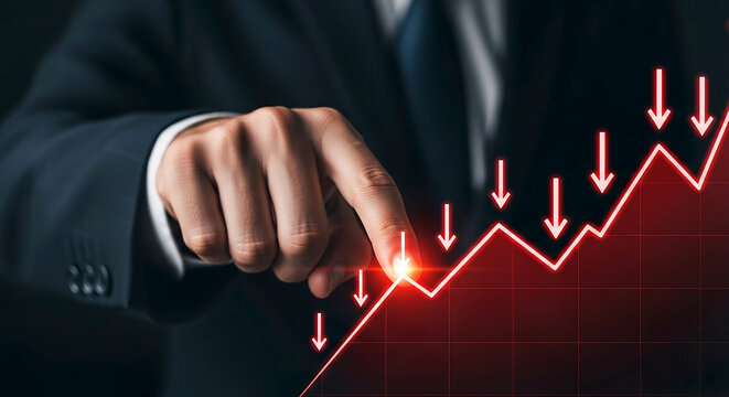 Close up of a businessman s hand pointing at a downward trending red stock market graph with red arrows indicating a financial crisis or economic downturn - Powered by Adobe