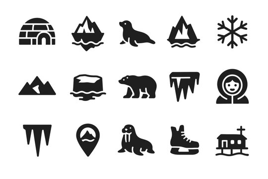 Winter icons set: igloo, polar bear, iceberg, seal, snowflake, skates