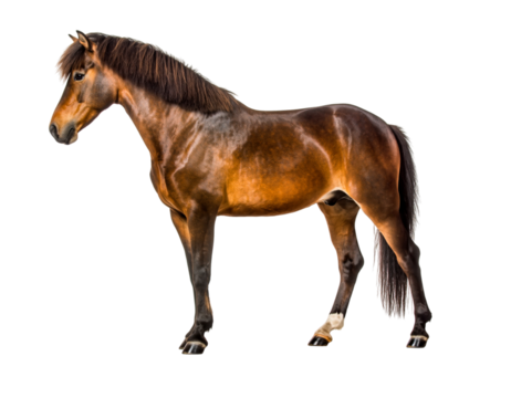 Brown horse standing, side view, with a dark mane and tail, isolated on transparent background