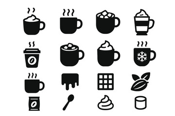 Variety of hot beverage icons and ingredients for cafe and dessert themes