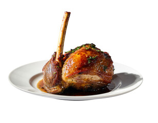 Delicious roasted lamb shank with rich sauce served on a white plate, isolated on transparent background