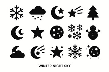 Winter night sky icons: snowflakes, stars, crescent moon, snowman, tree